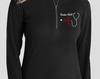 Personalized Embroidered Nurse Microfleece Jacket, Medical Scrub Jacket, Embroidered Half Zip Nurse Jacket, Heart Stethoscope Jacket L224