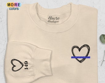 Police Wife Sweatshirt with Blue Line Heart, Personalized Badge Number On Sleeve, Police Officer Gifts, Cops Wife Sweatshirt