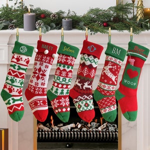 Personalized Knitted Christmas Stockings, Custom Xmas Stocking, Custom Family Christmas Stocking, Custom Embroidered Christmas Stocking
