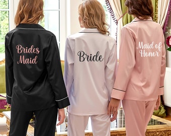 Bridesmaid Satin Pajamas, Satin Long Pajamas Set, Satin Pajama, Vinyl Bachelorette Party Pajamas, Maid of Honor, Long Pants Pajamas (DS204L)