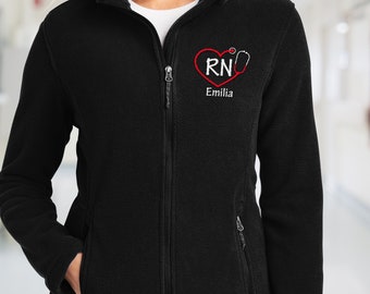 Custom Embroidered Nurse Fleece Jacket, Ladies Heart Stethoscope Jacket, Monogrammed Full Zip Up Jacket, Embroidered RN Jacket (L217)