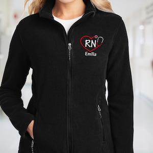 Custom Embroidered Nurse Fleece Jacket, Ladies Heart Stethoscope Jacket, Monogrammed Full Zip Up Jacket, Embroidered RN Jacket (L217)