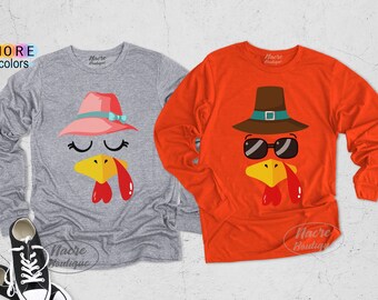 Turkey Faces Thanksgiving Long Sleeve Shirt, Matching Couple Tee