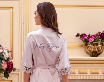 Mrs Robe, Custom Bride Robe, Satin Bride Gift Ideas, Bride Satin Lace Robe, Mrs Gift, Bridal Shower, Gift for Bride, Custom Mrs Robe (DS201)