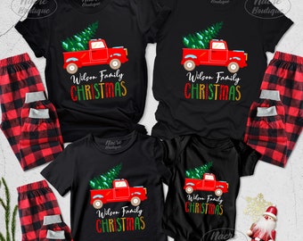 Personalized Matching Family Christmas Shirt,  Matching Family Xmas Red Truck Shirt, Christmas Tree Shirt, 2023 Matching Family Xmas Tee