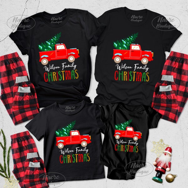 Personalized Matching Family Christmas Shirt,  Matching Family Xmas Red Truck Shirt, Christmas Tree Shirt, 2023 Matching Family Xmas Tee