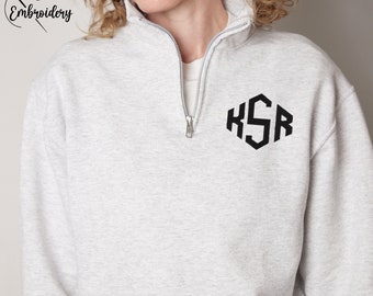 Custom Embroidered Quarter Zip Sweatshirt, Custom Monogrammed Sweatshirt, Embroidery Monogram Pullover, Monogram Quarter Zip Pullover 995MR