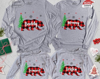 Family Christmas Long Sleeve Shirt, Christmas Bear Shirt, Matching Bear Shirt, Buffalo Plaid Christmas Shirt, Holiday Shirt