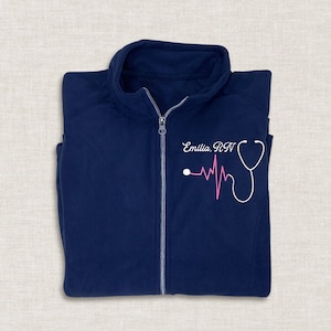 Custom Embroidered Nurse Fleece Jacket, Personalized Ladies Heart Stethoscope Jacket, Monogrammed Full Zip Jacket, Embroidery RN Jacket L223