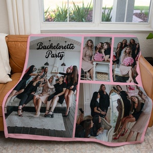 May include: A pink fleece blanket with a collage of photos of women celebrating a bachelorette party. The text "Bachelorette Party" is printed in black on the blanket.