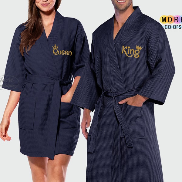 King and Queen Robes, Couple Matching Robes, Personalized Waffle Spa Robes, Spa Cotton Robes, Wedding Honeymoon Gift, Anniversary Gift