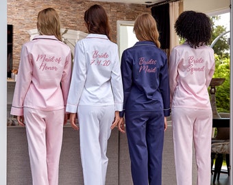 100% Cotton Pajamas, Bridesmaids Long Pants Pajama, Custom Embroidered Bridesmaid Pajama Set, Bridesmaid Pajama, Bridesmaid Gift (DS206L)
