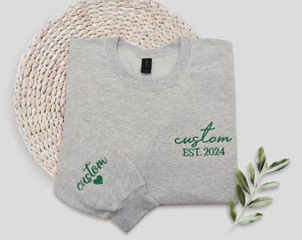 Custom Text Embroidered Sweatshirt With Names On Sleeve, Personalized University Embroidery Hoodie, School Team Crewneck, Custom Sweater