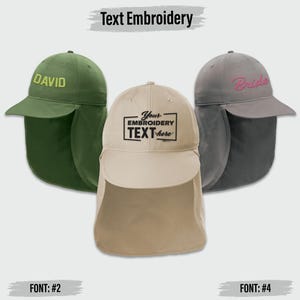 May include: Three sun protection hats with text embroidery. One is olive green with "DAVID" in yellow, another is tan with "Your EMBROIDERY TEXT here" in black, and the last is gray with "Bride" in pink.