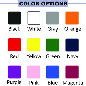 Puede incluir: Tabla de opciones de color con 12 muestras de color. Los colores son negro, blanco, gris, naranja, rojo, amarillo, verde, azul marino, morado, rosa, azul y magenta.
