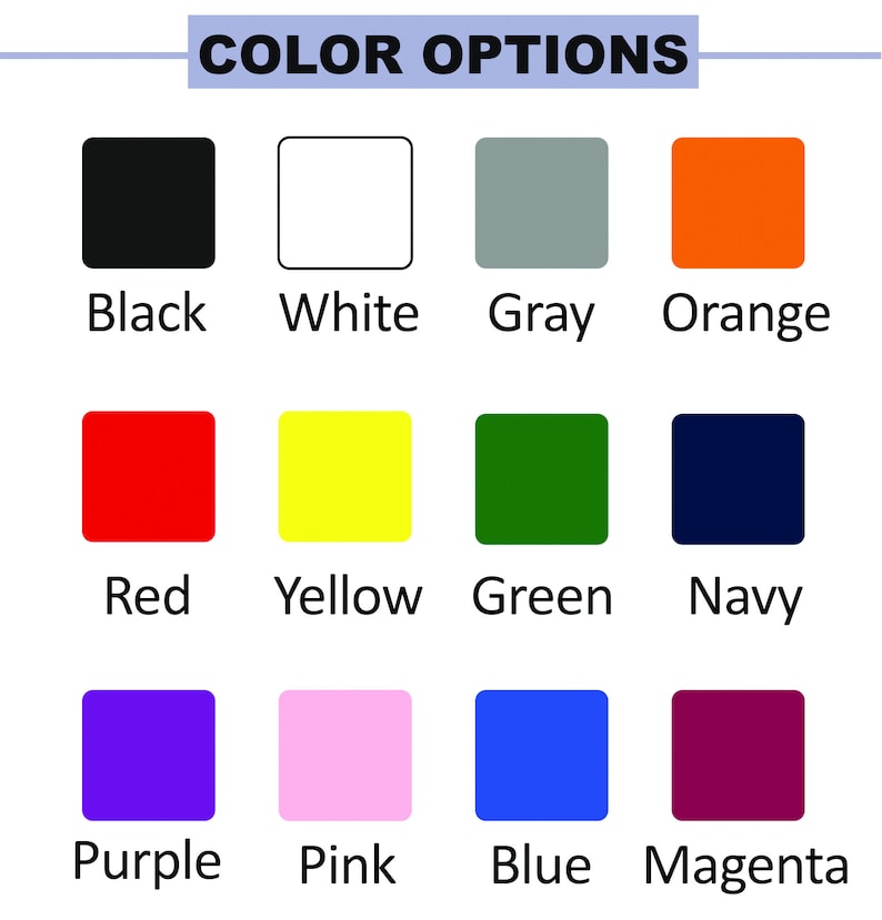 Puede incluir: Tabla de opciones de color con 12 muestras de color. Los colores son negro, blanco, gris, naranja, rojo, amarillo, verde, azul marino, morado, rosa, azul y magenta.