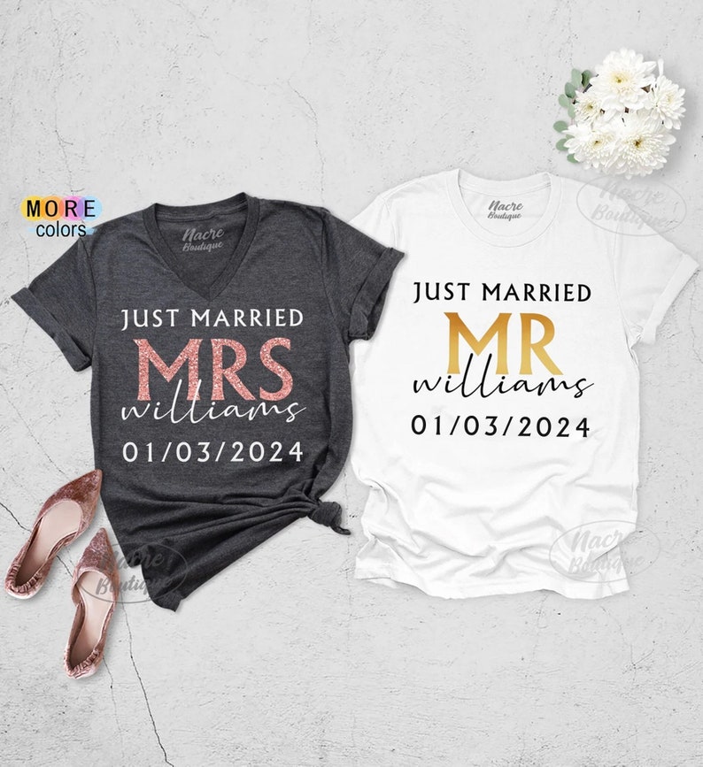 Mr and Mrs Just Married Shirt, Mr and Mrs Shirts For Honeymoon, Just Married Shirts For Couples, Mr and Mrs Shirt, Couples Honeymoon Shirts image 1