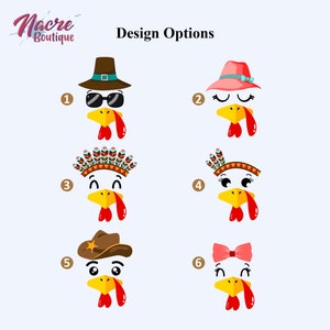 May include: Image features six cartoon turkey faces with different design options. Each turkey face has a yellow beak and red wattle. The design options include a pilgrim hat, sunglasses, a pink hat, a Native American headdress, a cowboy hat, and a pink bow.