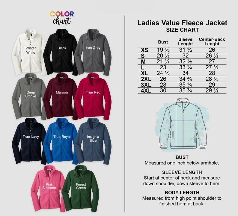 ladies's value flee jacket size chart