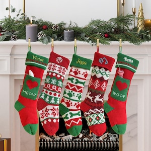 Personalized Xmas Stocking, Custom Family Christmas Stocking, Custom Knitted Christmas Stockings, Custom Embroidered Christmas Stocking
