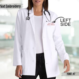 May include: A white lab coat with a stethoscope around the neck. The coat has a red embroidered name and title on the left side. The coat has three buttons and two pockets. The text "Text Embroidery" is at the top.