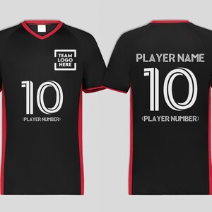May include: Black athletic jersey with red trim and a V-neck collar. The front displays the number "10" in white, with "(PLAYER NUMBER)" below. The text "TEAM LOGO HERE" is in a white box. The back has "PLAYER NAME" above the number "10".