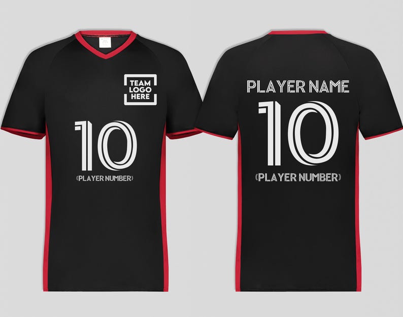 May include: Black athletic jersey with red trim and a V-neck collar. The front displays the number "10" in white, with "(PLAYER NUMBER)" below. The text "TEAM LOGO HERE" is in a white box. The back has "PLAYER NAME" above the number "10".