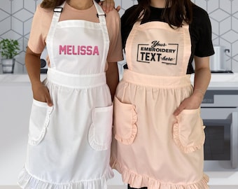 Custom Design Women Ruffled Apron, Custom Logo Embroidered Aprons, Custom Text Embroidery Apron, Custom Kitchen Ruffled Apron For Women