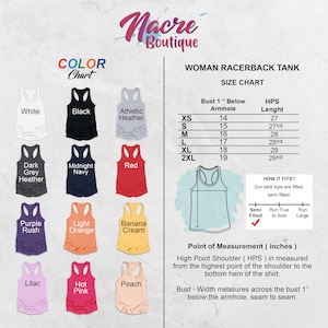 May include: A size chart for racerback tank tops with a color chart showing 12 different colors. The size chart shows bust measurements in inches, armhole measurements in inches, and HPS length in inches. The chart also includes information about how the tank tops fit.