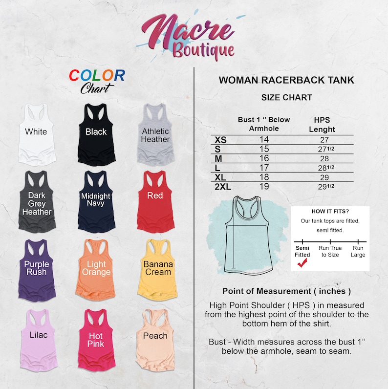 May include: A size chart for racerback tank tops with a color chart showing 12 different colors. The size chart shows bust measurements in inches, armhole measurements in inches, and HPS length in inches. The chart also includes information about how the tank tops fit.