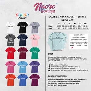 May include: A size chart for women's v-neck t-shirts. The chart shows the bust measurements for sizes small to 3XL. The chart also includes information about the fit of the shirts, which are semi-fitted and true to size. The chart is on a white background with a color chart of different t-shirt colors.