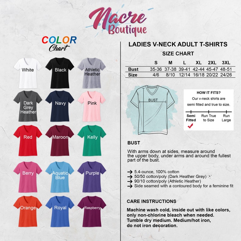 May include: A size chart for women's v-neck t-shirts. The chart shows the bust measurements for sizes small to 3XL. The chart also includes information about the fit of the shirts, which are semi-fitted and true to size. The chart is on a white background with a color chart of different t-shirt colors.