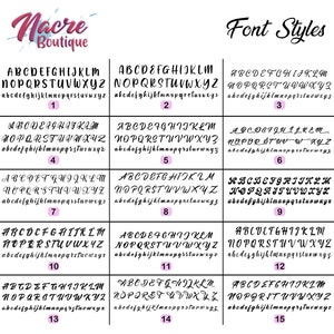 May include: Image showcasing various font styles, each with uppercase and lowercase alphabets and numbers. The fonts range from simple to decorative, with a logo at the top left that says "Nacre Boutique" and "Font Styles" at the top right.