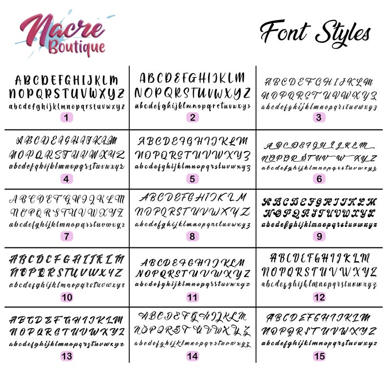 May include: Image showcasing various font styles, each with uppercase and lowercase alphabets and numbers. The fonts range from simple to decorative, with a logo at the top left that says "Nacre Boutique" and "Font Styles" at the top right.