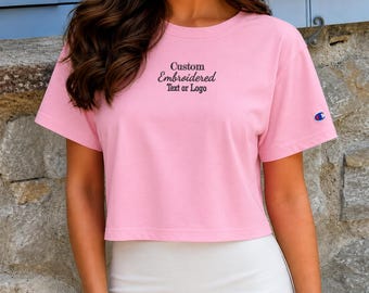 Custom Embroidered Women’s Cropped Tee, Embroidery Heritage Crop Shirt, Add Your Text Logo