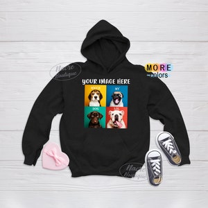 May include: Black hoodie with a graphic of four dogs in squares. The text "Your Image Here" is above the dogs. The text "Which Dog is My Dog" is below the dogs. The text "LOL" is in a yellow square, "My" is in a blue square, "Dog" is in a green square, and "Which" is in a red square.