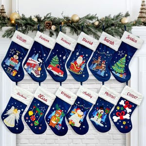 Velvet Christmas Stocking, Personalized Stocking, Embroidered Blue Velvet Stocking, Christmas Decoration, Christmas Gift, Holiday Stockings