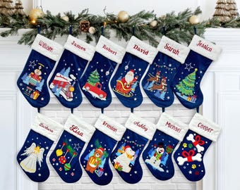 Velvet Christmas Stocking, Personalized Stocking, Embroidered Blue Velvet Stocking, Christmas Decoration, Christmas Gift, Holiday Stockings