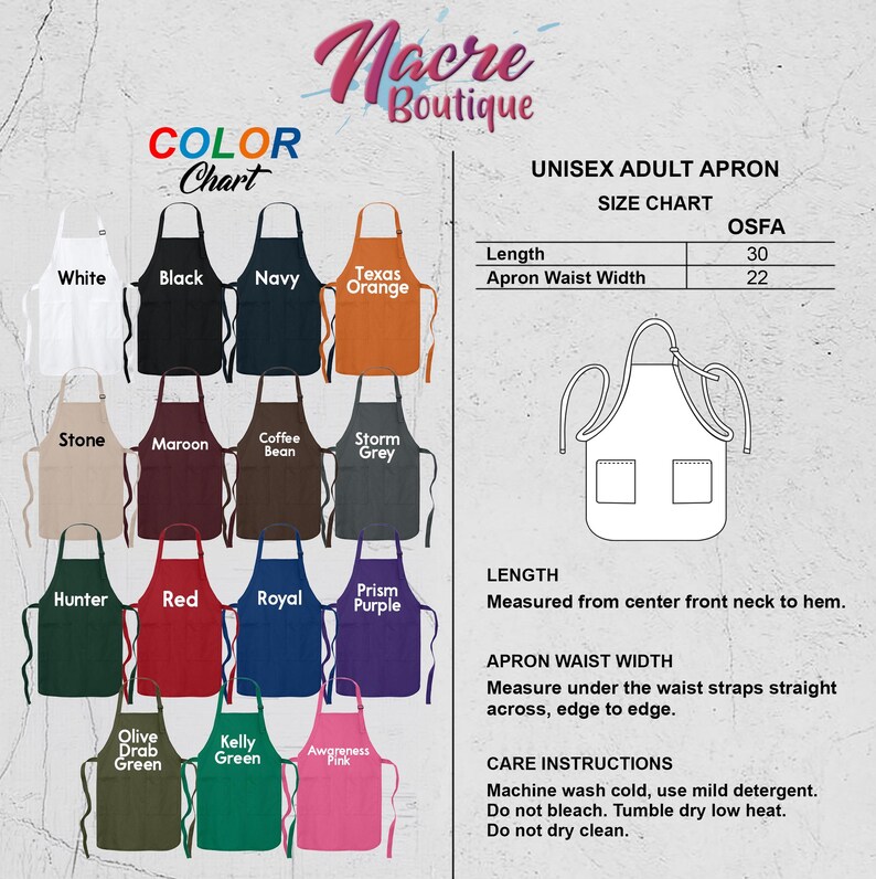 The image is a color chart for an adult apron, displaying various apron styles and their corresponding measurements.