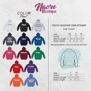 May include: Youth hooded sweatshirt size chart with measurements in inches. The chart shows sizes XS, S, M, L, and XL. The chart also includes a colour chart with 12 different colours: white, black, athletic heather, dark grey heather, navy, royal, berry, maroon, kelly, red, purple, and Caroline blue.