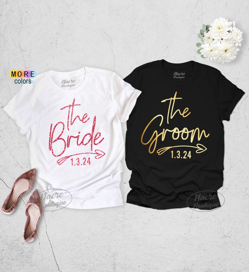 Bride Groom Shirts, Personalized Bride Groom Shirt, Just Married Shirt, Couples Shirts With Dates, 2024 Wedding Shirts, Bride Groom Shirt image 1