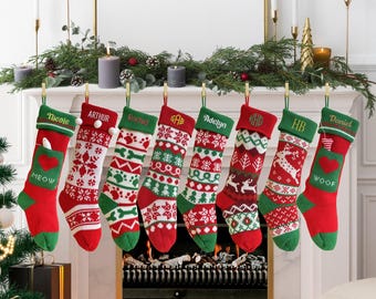 Custom Knitted Christmas Stockings, Custom Christmas Stocking, Family Christmas Stocking, Custom Embroidered Christmas Stocking