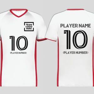 May include: White athletic jersey with red trim and a V-neck collar. The front features the number 10 in black, the text "(PLAYER NUMBER)", and a space for a team logo. The back displays "PLAYER NAME" and the number 10.