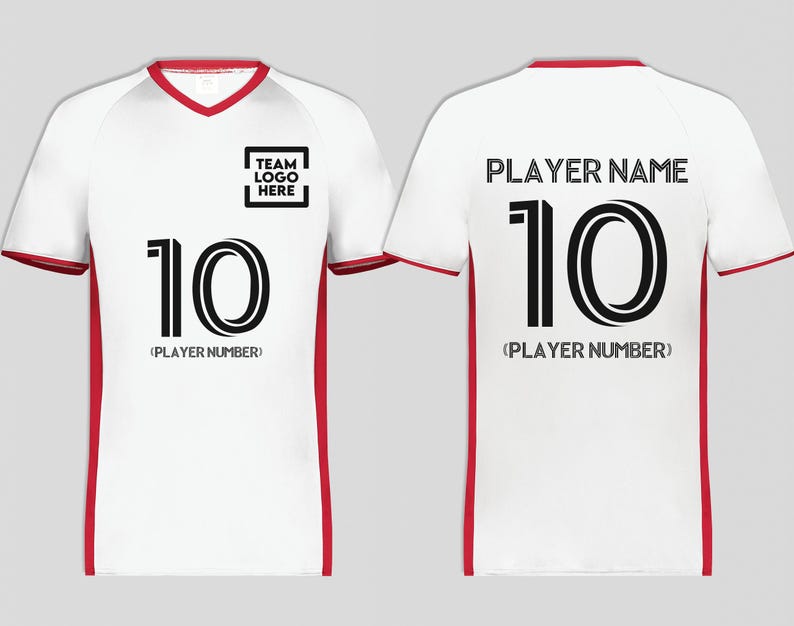 May include: White athletic jersey with red trim and a V-neck collar. The front features the number 10 in black, the text "(PLAYER NUMBER)", and a space for a team logo. The back displays "PLAYER NAME" and the number 10.