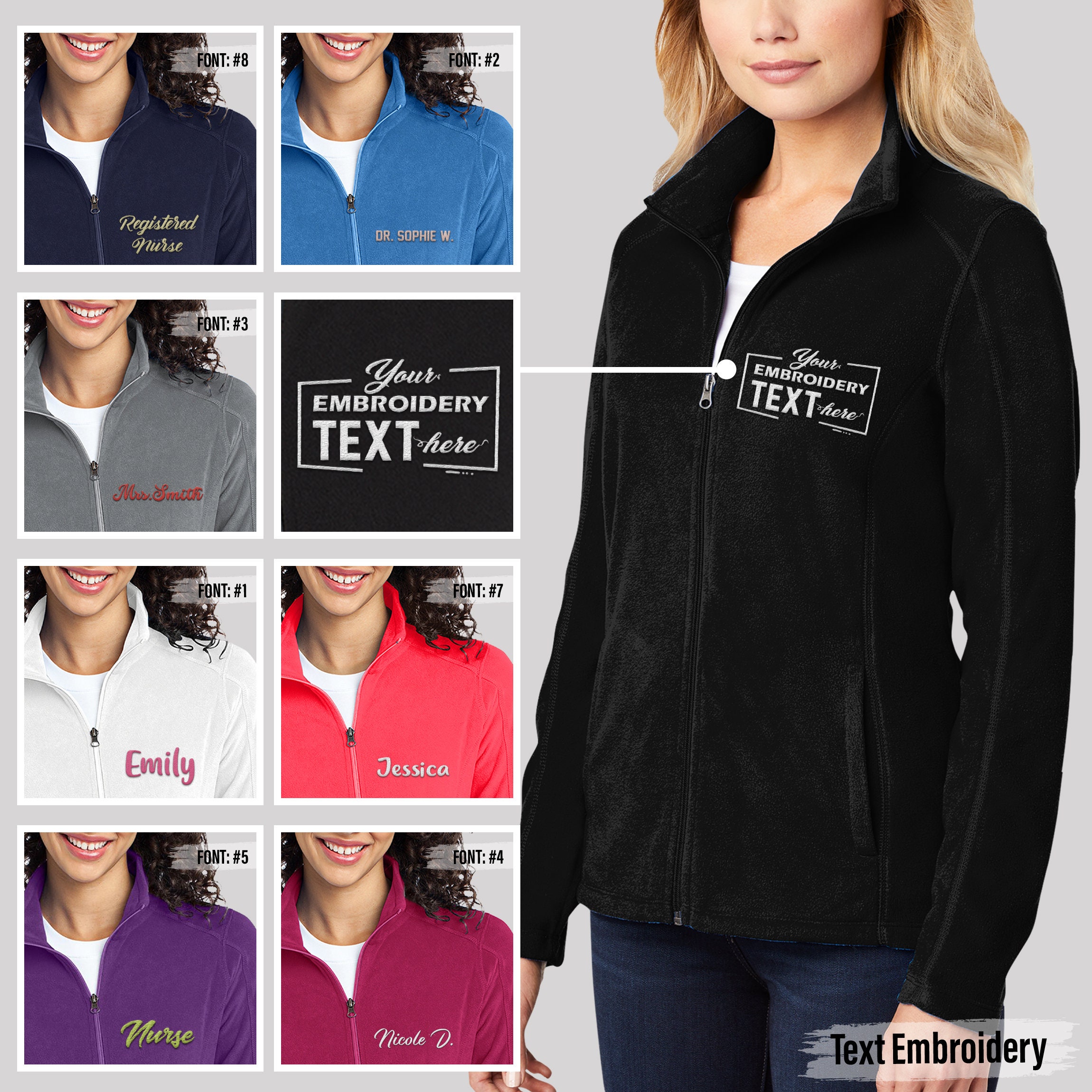 Custom Embroidered Ladies Microfleece Jacket, Personalized Text Full ...