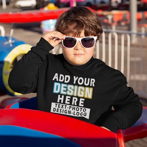 May include: A black hooded sweatshirt with the text "ADD YOUR DESIGN HERE TEXT-PHOTO DESIGN-LOGO" in colourful letters.