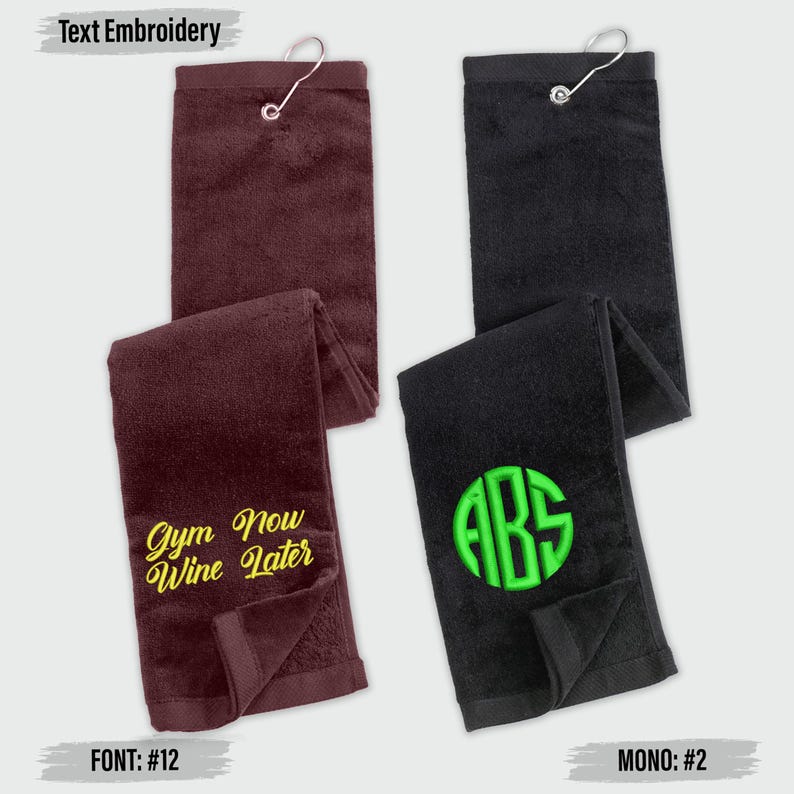 a collection of four towels, each with a different embroidered design and text. The towels are arranged in a way that allows for a clear comparison of their features.