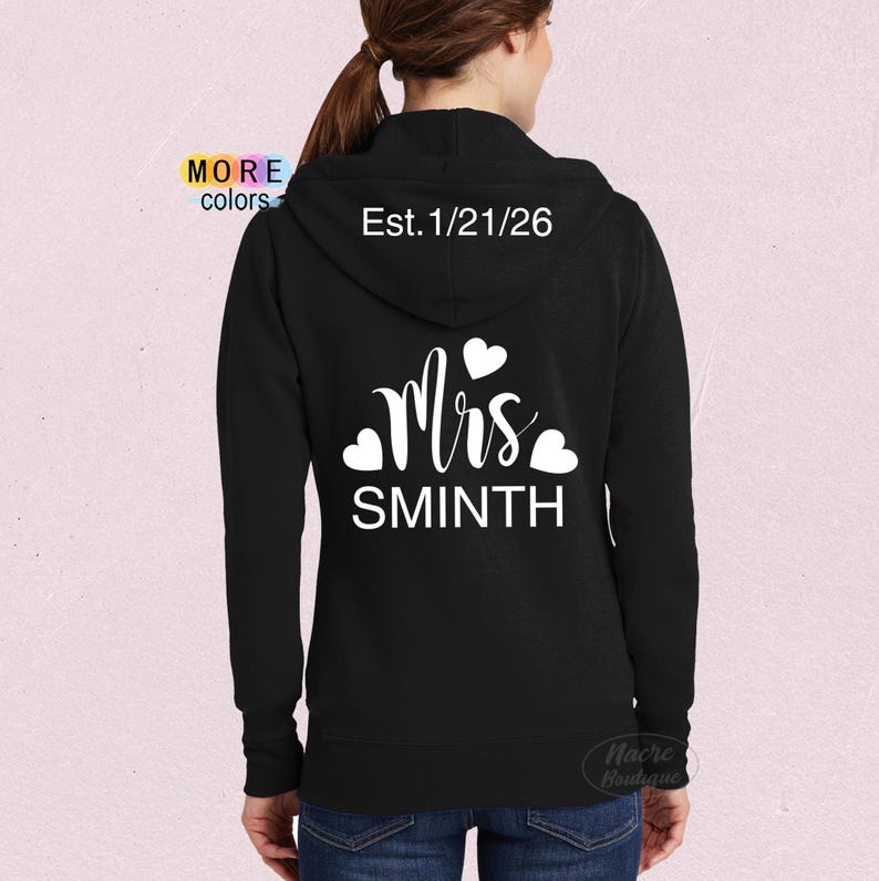 Bride Zip Up Hoodie, Mrs Zip Up Hoodie, Wife Hoodie, Personalized Mrs Hoodie, Honeymoon Hoodie, Bridal Sweatshirt, Wedding Hoodie image 5