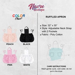 Puede incluir: Una tabla de colores para un delantal con volantes, con tira de cuello ajustable y dos bolsillos. El delantal est&aacute; disponible en melocot&oacute;n, negro, rosa y blanco. El delantal mide 81 cm por 76 cm y est&aacute; hecho de polialgod&oacute;n. Instrucciones de cuidado: lavar en ciclo suave, agua fr&iacute;a, no poner en la secadora.