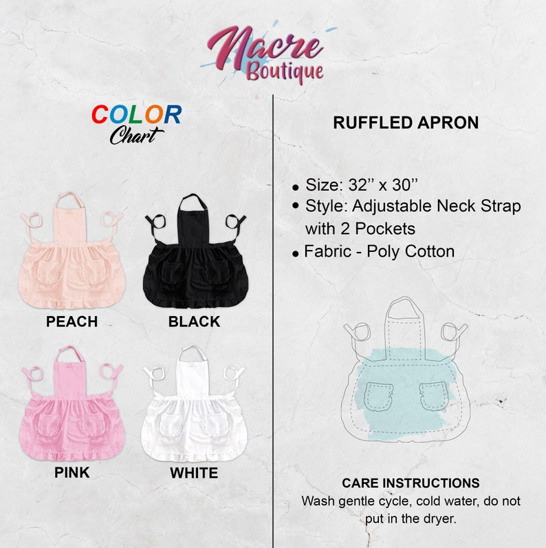 Puede incluir: Una tabla de colores para un delantal con volantes, con tira de cuello ajustable y dos bolsillos. El delantal est&aacute; disponible en melocot&oacute;n, negro, rosa y blanco. El delantal mide 81 cm por 76 cm y est&aacute; hecho de polialgod&oacute;n. Instrucciones de cuidado: lavar en ciclo suave, agua fr&iacute;a, no poner en la secadora.